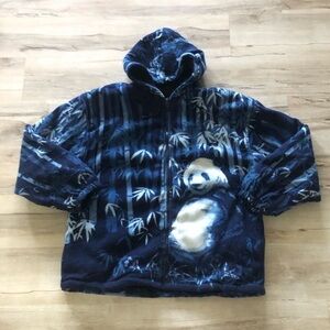 Women's Panda Print Full Zip Sherpa Lined Hooded Sweater - Navy